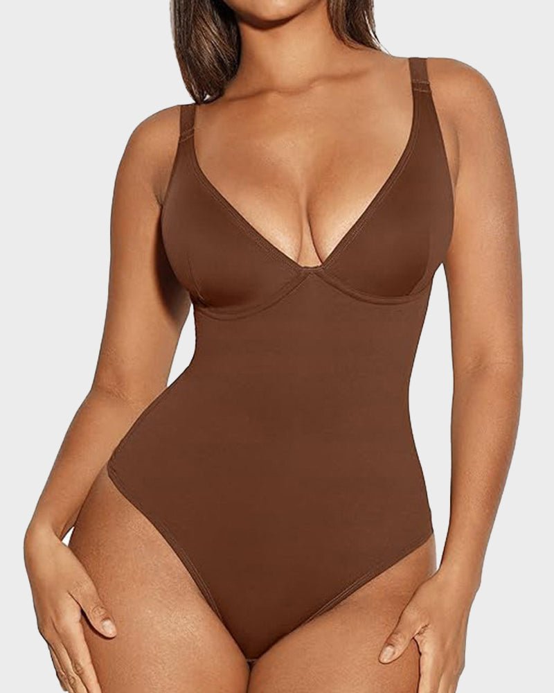 V-Neck Tummy Control Thong Bodysuit — Zero Panty Lines Plunge Ready | Zarela