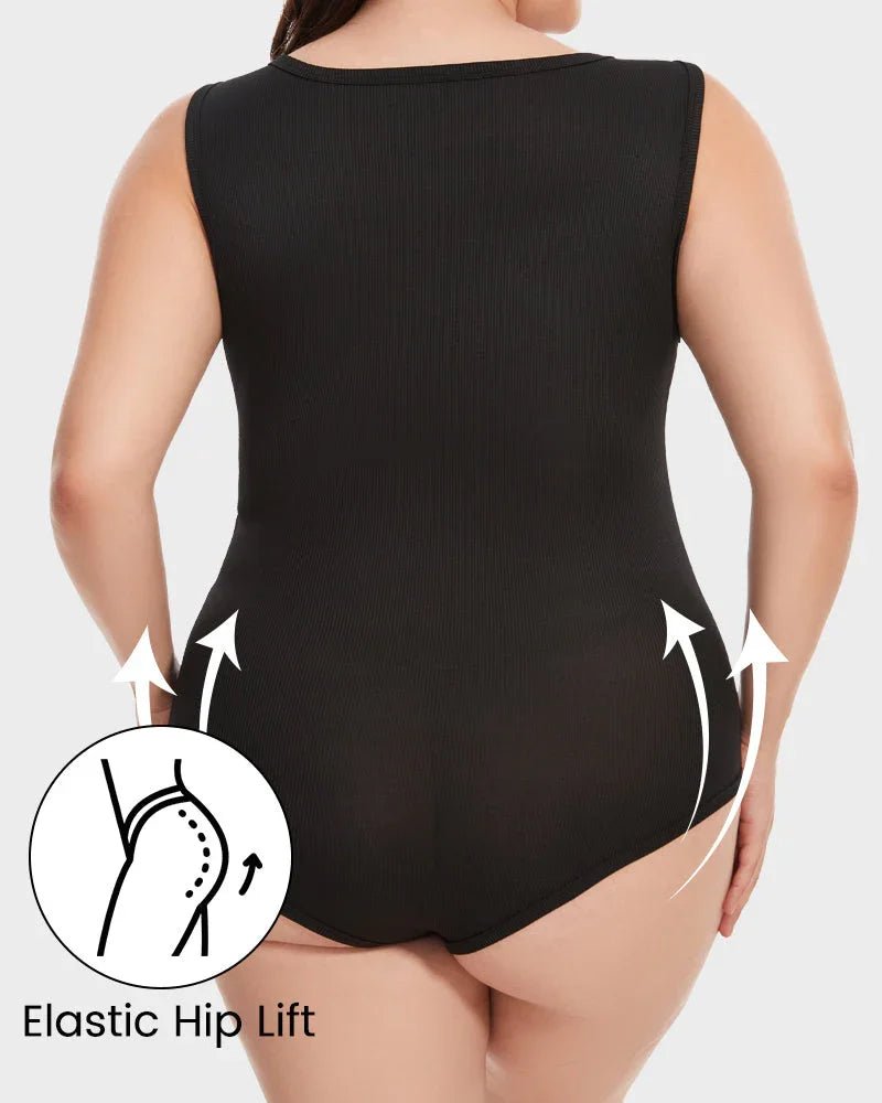 Back view of woman wearing black shapewear bodysuit with elastic hip lift feature highlighted.