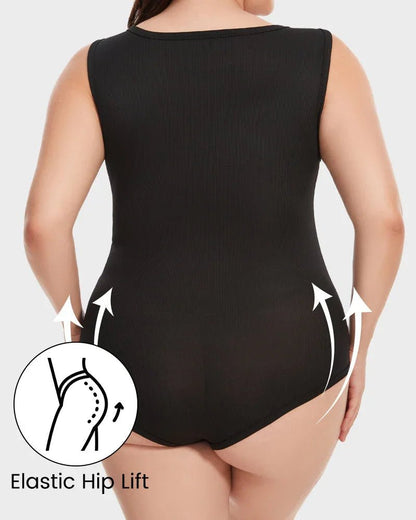 Back view of woman wearing black shapewear bodysuit with elastic hip lift feature highlighted.