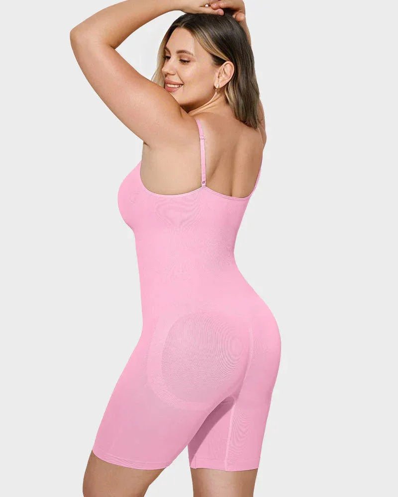 Smiling woman wearing pink seamless shapewear bodysuit with adjustable straps