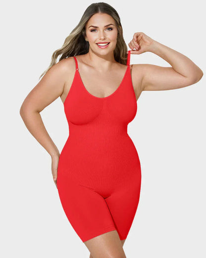 Woman wearing red shapewear bodysuit with adjustable straps, plus size, seamless design