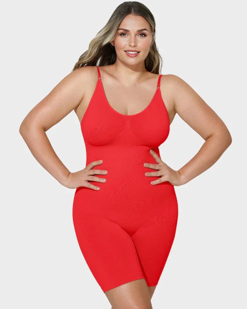 Woman modeling red seamless full body shapewear with adjustable straps on white background