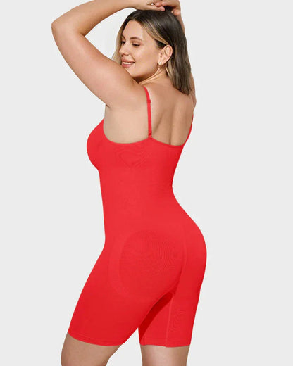 Woman modeling red seamless shapewear bodysuit, back view, body contouring garment