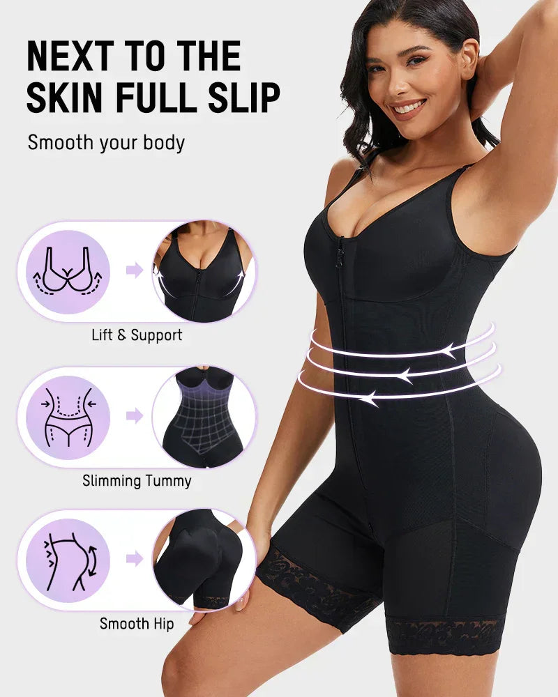 Woman wearing black shapewear full slip, showing lift, tummy slimming, and hip smoothing effects.