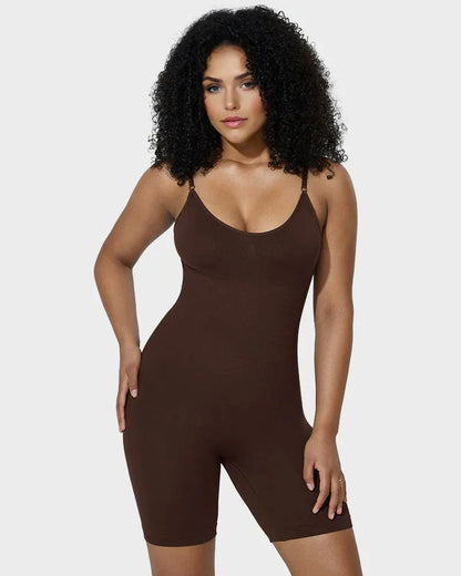 Woman wearing brown shapewear bodysuit with adjustable straps, fitted body contour garment