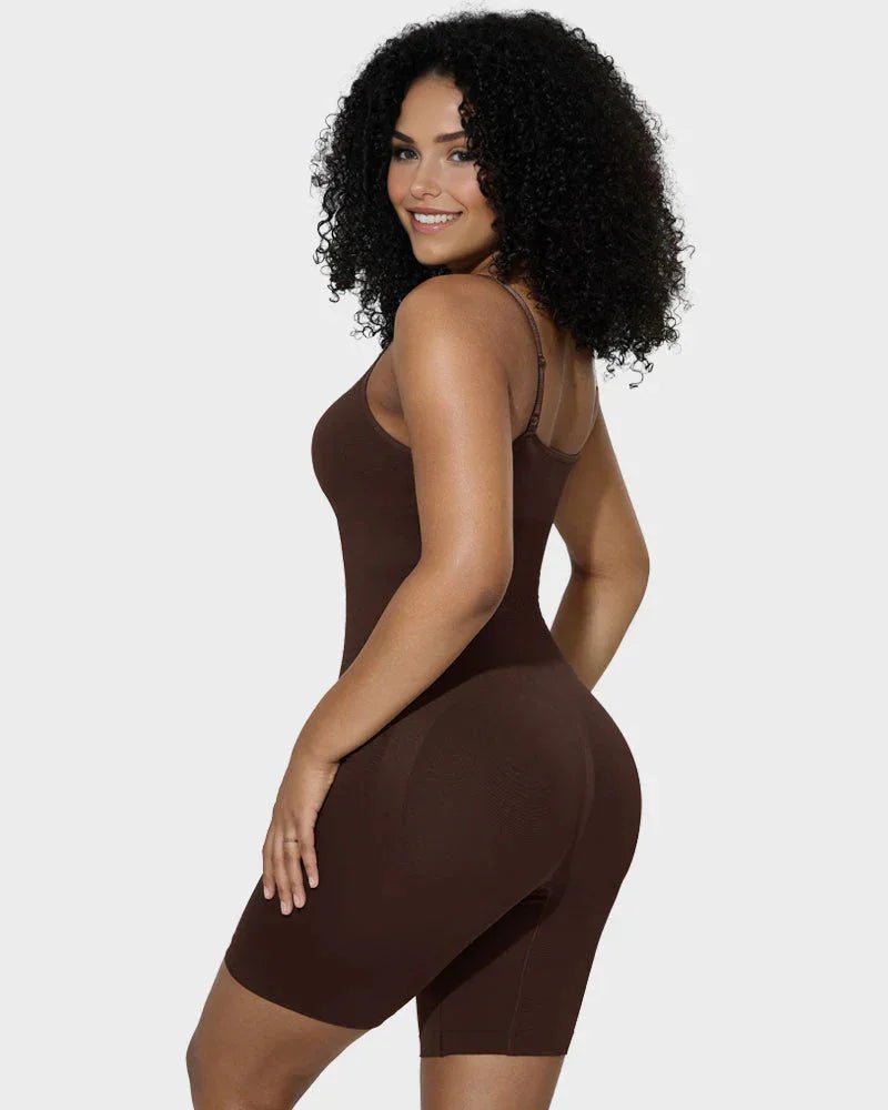 Woman wearing brown full-body shapewear bodysuit, seamless, curve-enhancing design