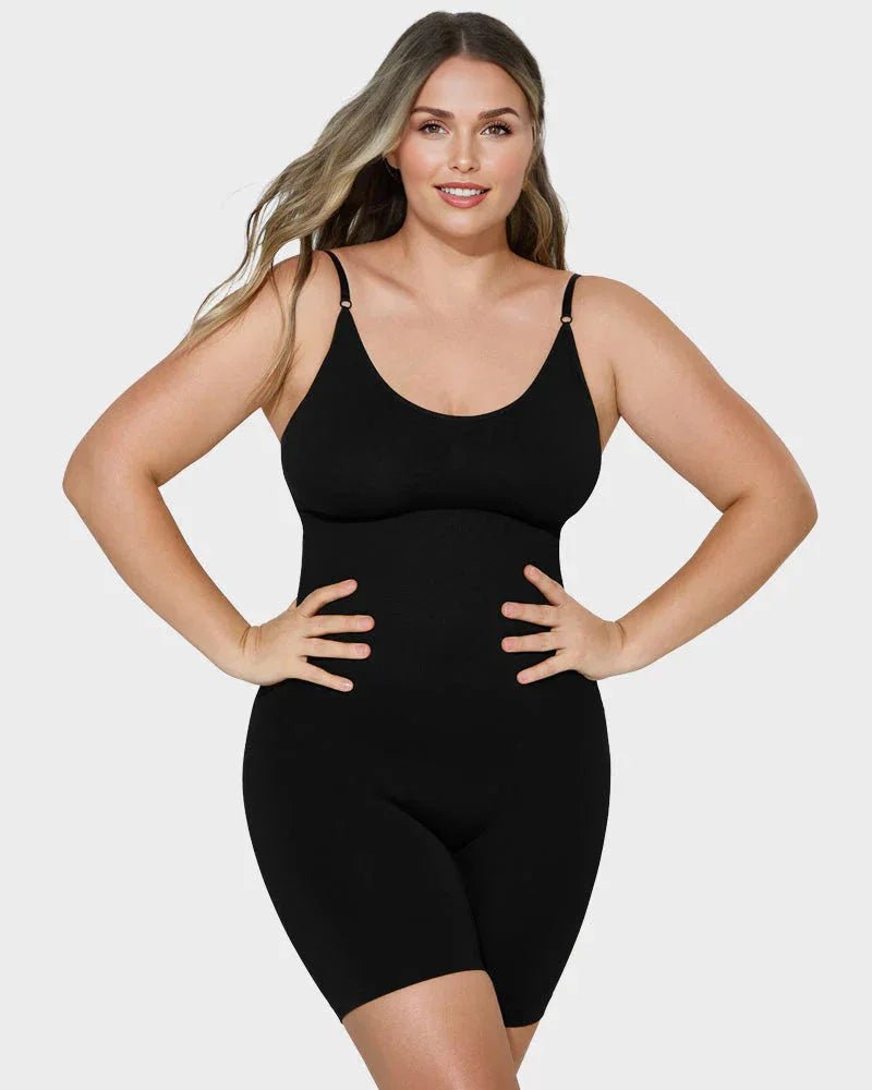 Woman wearing black full-body shapewear with adjustable straps, curves enhanced, on white background