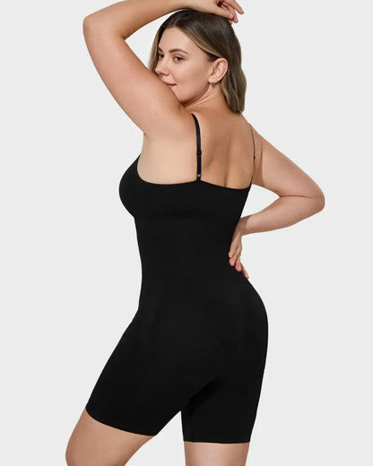Woman modeling black full-body shapewear bodysuit with adjustable straps