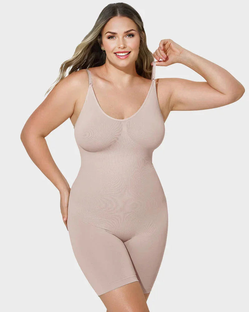 Woman wearing nude seamless shapewear bodysuit with adjustable straps, curve-enhancing fit.