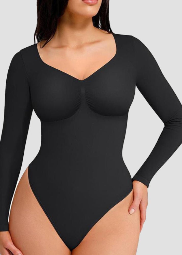 Long sleeve shapewear bodysuit back view women black - Zarela