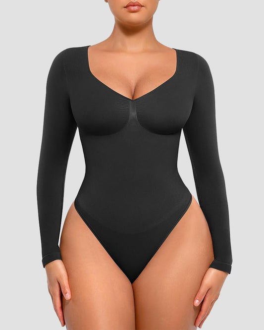 Long sleeve shaping bodysuit women black arm smoothing - Zarela