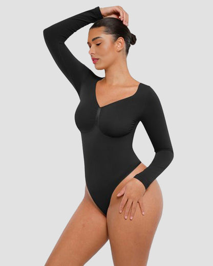 Long sleeve shaping bodysuit detail view women black - Zarela