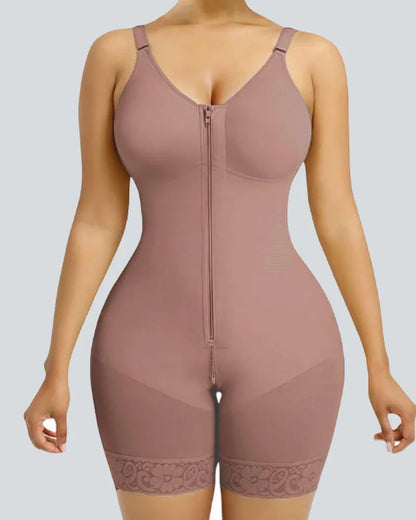 Beige full-body shapewear with zipper front, adjustable straps and lace-trimmed shorts