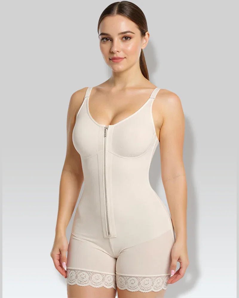 Woman wearing beige full-body shapewear with lace trim and front zipper, shapewear fashion