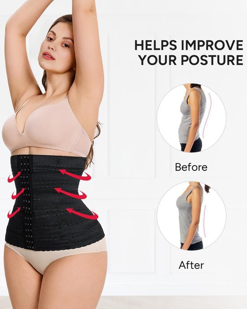 Steel bone corset waist trainer front view women black - Zarela