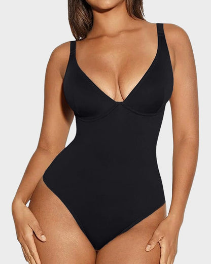 V-Neck Tummy Control Thong Bodysuit — Zero Panty Lines Plunge Ready | Zarela