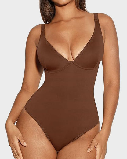 V-Neck Tummy Control Thong Bodysuit — Zero Panty Lines Plunge Ready | Zarela