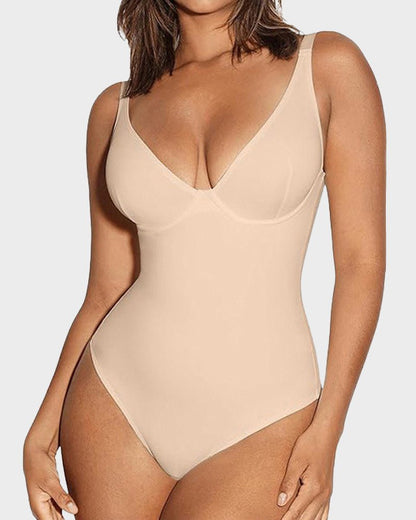 V-Neck Tummy Control Thong Bodysuit — Zero Panty Lines Plunge Ready | Zarela