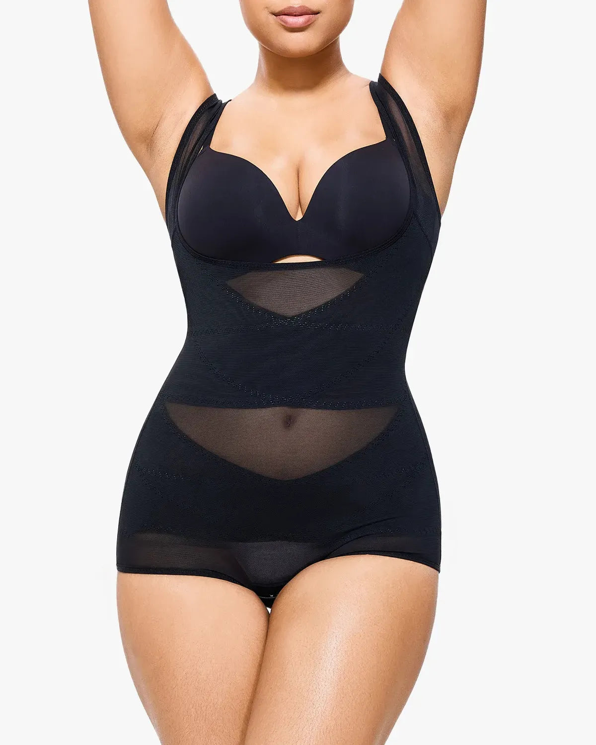 Breathable mesh shapewear bodysuit tummy control side view - Zarela