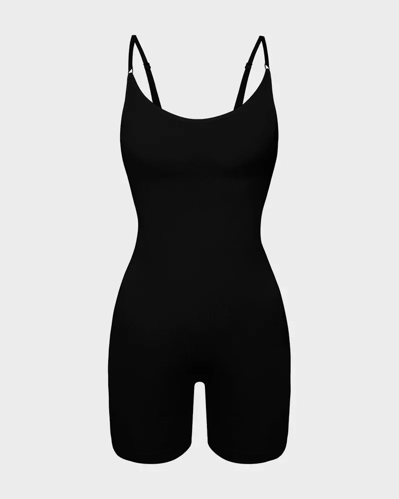 Black shapewear bodysuit with adjustable straps and mid-thigh length, front view