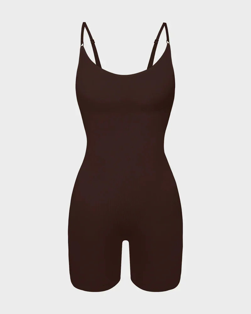 Brown seamless shapewear bodysuit with adjustable straps, contouring fit