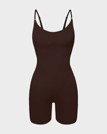 Brown seamless shapewear bodysuit with adjustable straps, contouring fit
