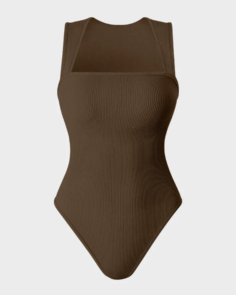 Brown ribbed shapewear bodysuit with wide straps and high neckline on white background