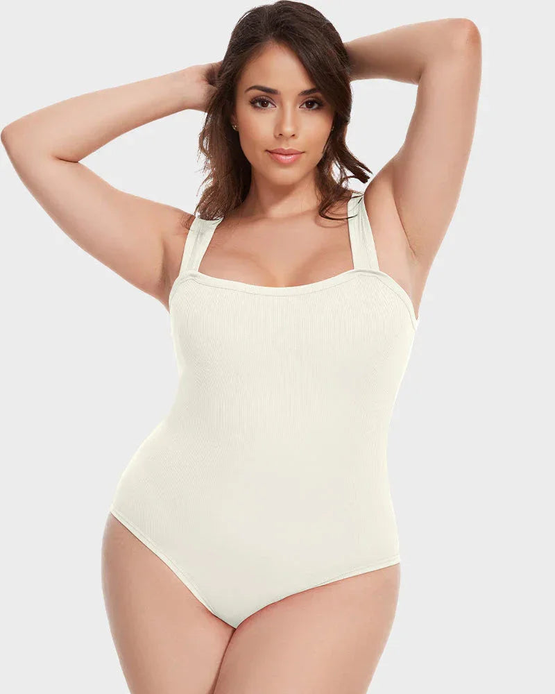 Woman wearing seamless beige shapewear bodysuit for slimming and body shaping
