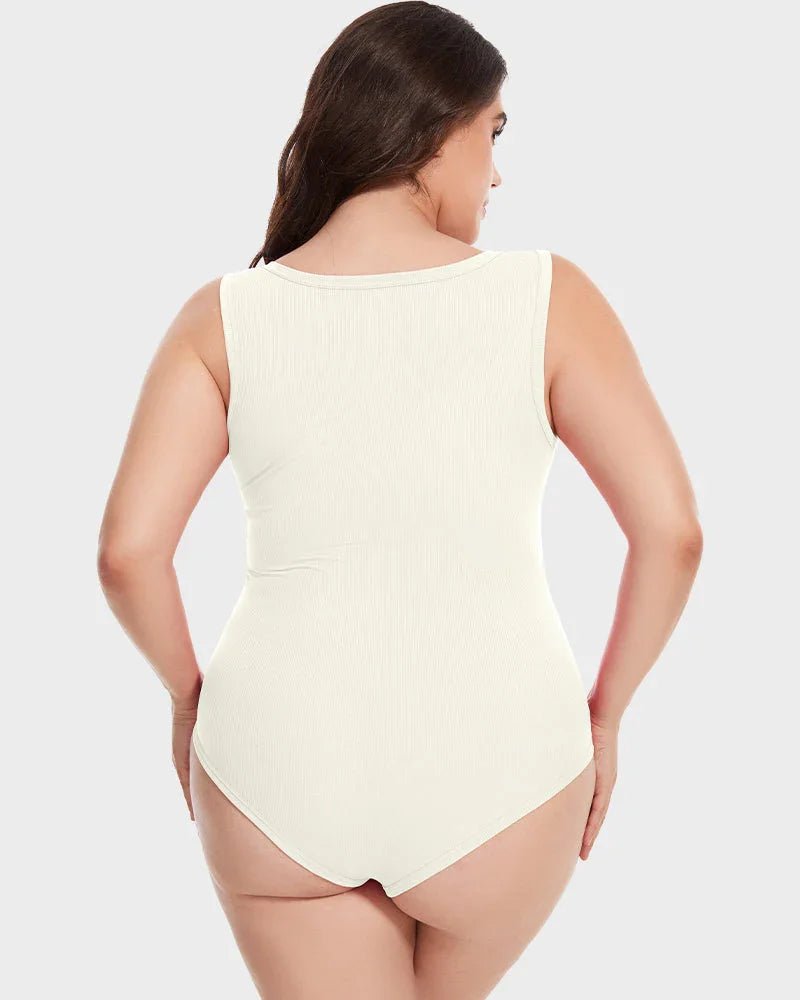 Woman wearing sleeveless beige shapewear bodysuit, back view, seamless fit