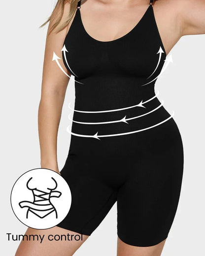 Black shapewear bodysuit with tummy control, showing slimming and shaping effect arrows.