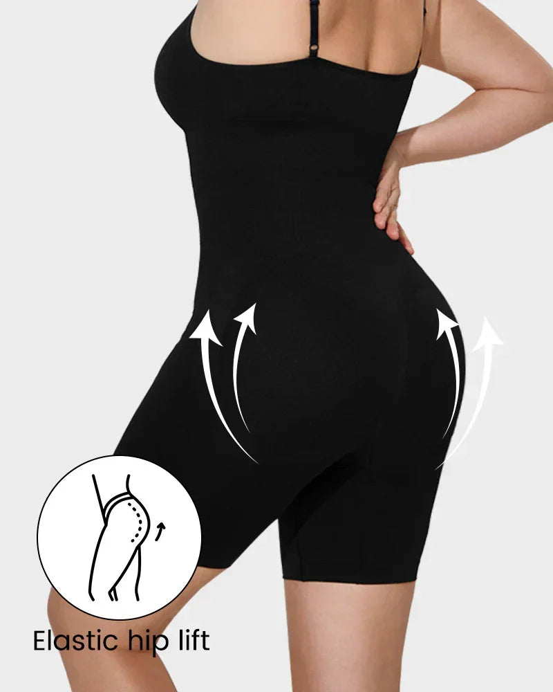 Woman wearing black shapewear bodysuit with elastic hip lift, highlighting curve enhancement.