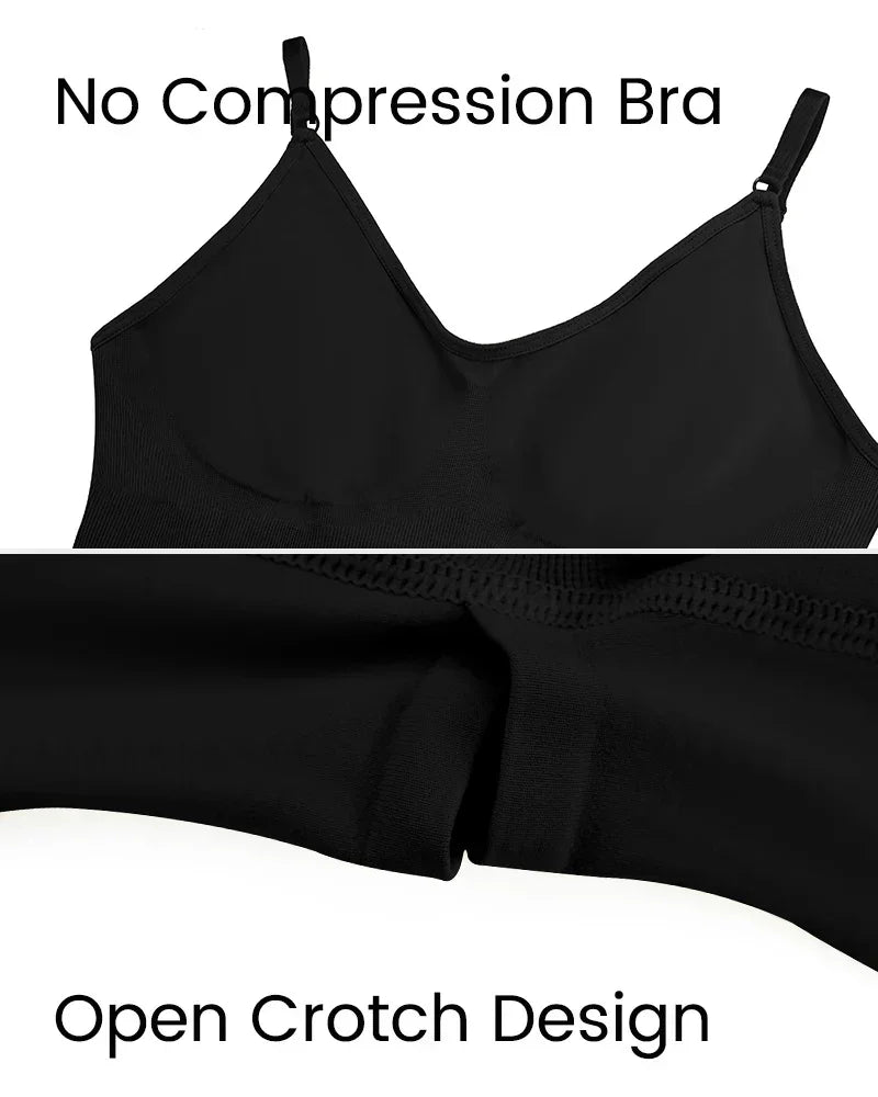 Black shapewear with no compression bra and open crotch design, close-up details.