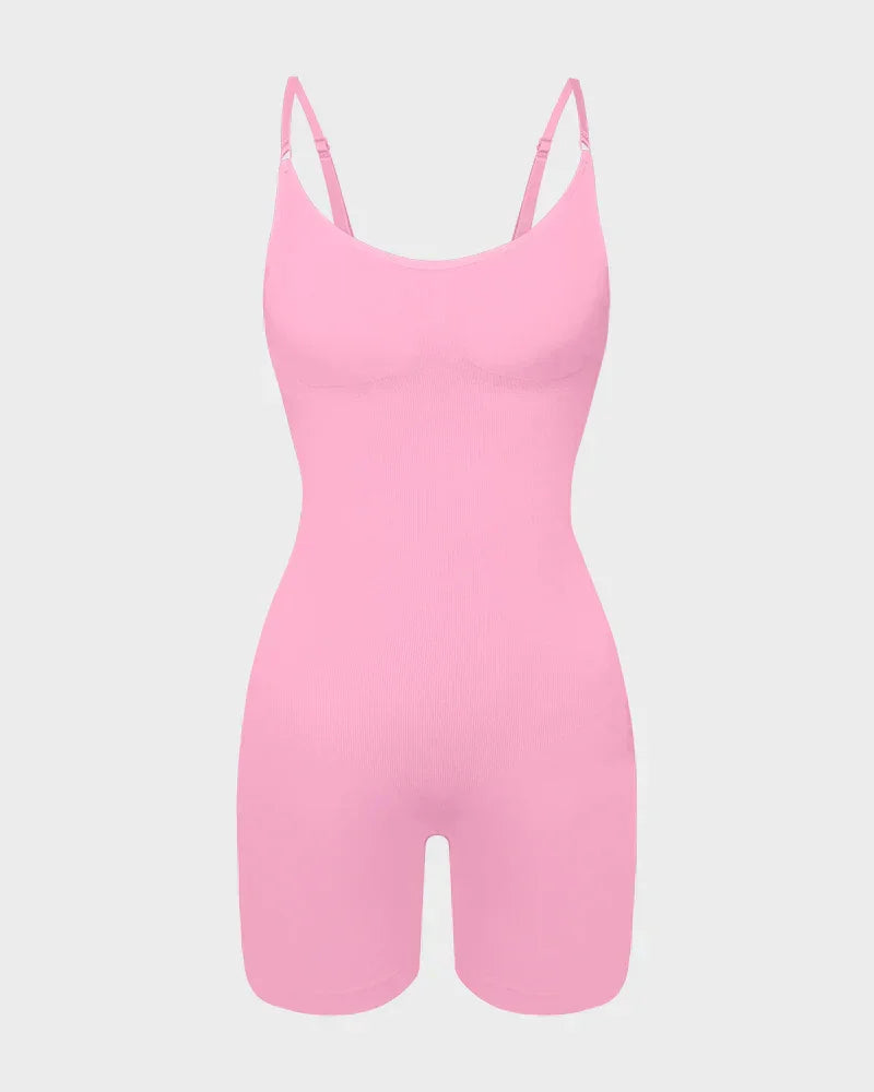 Seamless pink shapewear bodysuit with adjustable straps, designed for body shaping