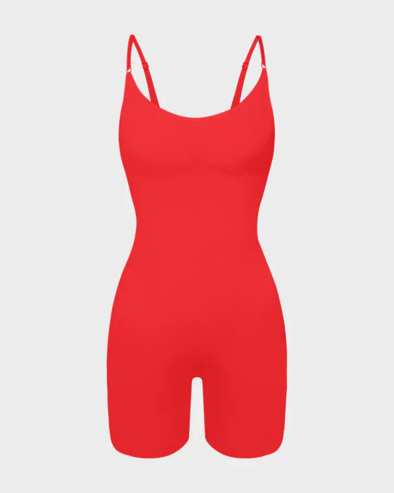 Red shapewear bodysuit with adjustable straps and mid-thigh length
