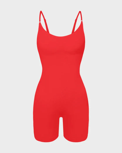 Red shapewear bodysuit with adjustable straps and mid-thigh length