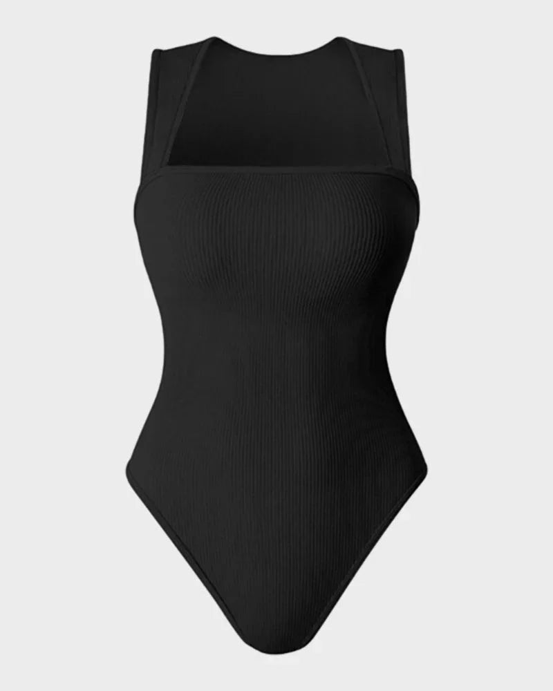 Black ribbed shapewear bodysuit with wide straps and high-cut legs on plain background
