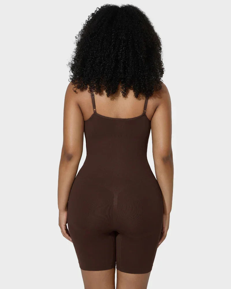 Woman wearing brown seamless shapewear bodysuit, shown from the back for fit and coverage