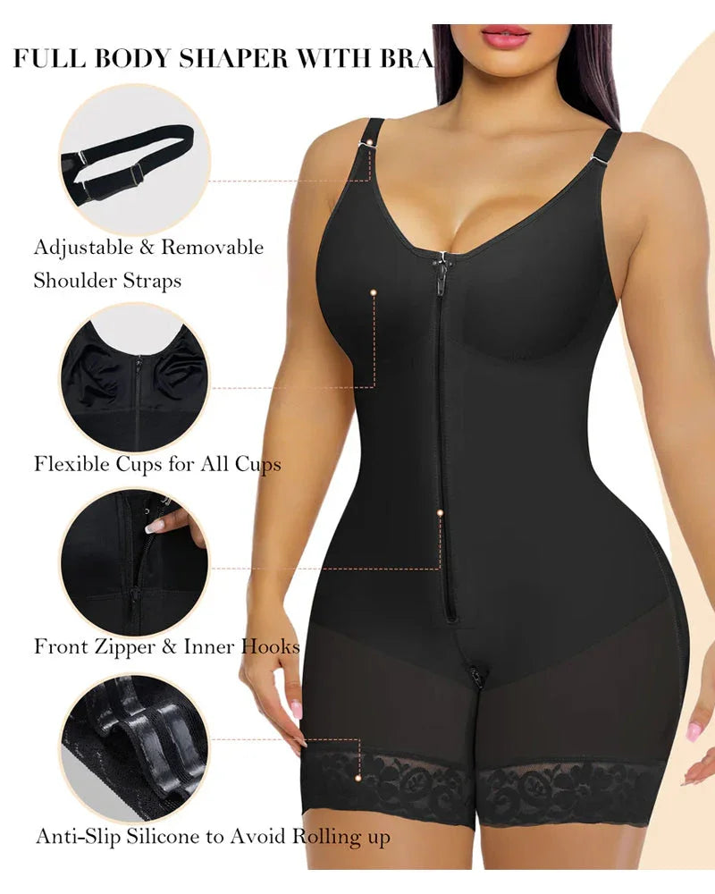 Black full body shaper with bra, front zipper, adjustable straps, lace trim, and silicone anti-slip