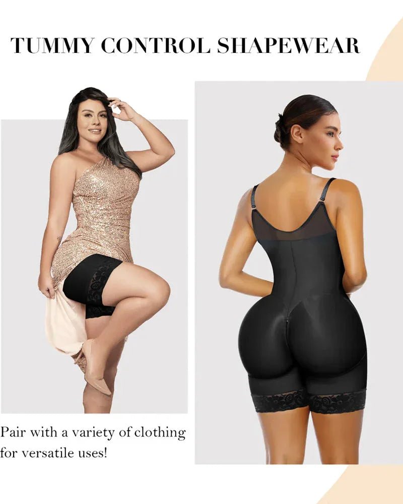 Women modeling tummy control shapewear bodysuit with lace trim, suitable under dresses.