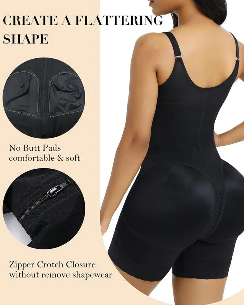 Black full-body shapewear with adjustable straps, supportive design and zipper crotch closure.