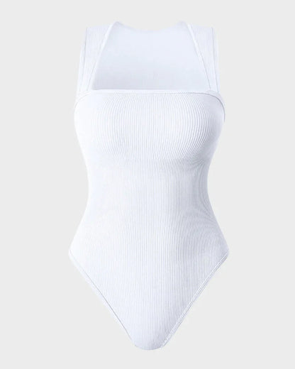 White ribbed seamless shapewear bodysuit with wide straps, slimming design