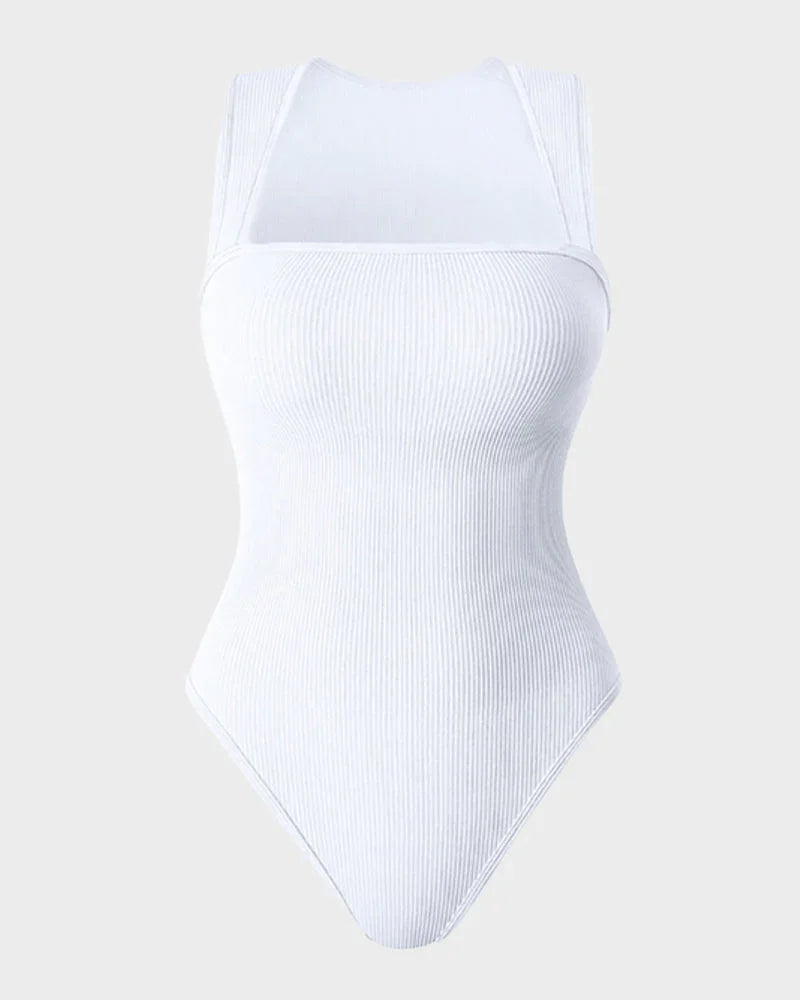 White ribbed seamless shapewear bodysuit with wide straps, slimming design