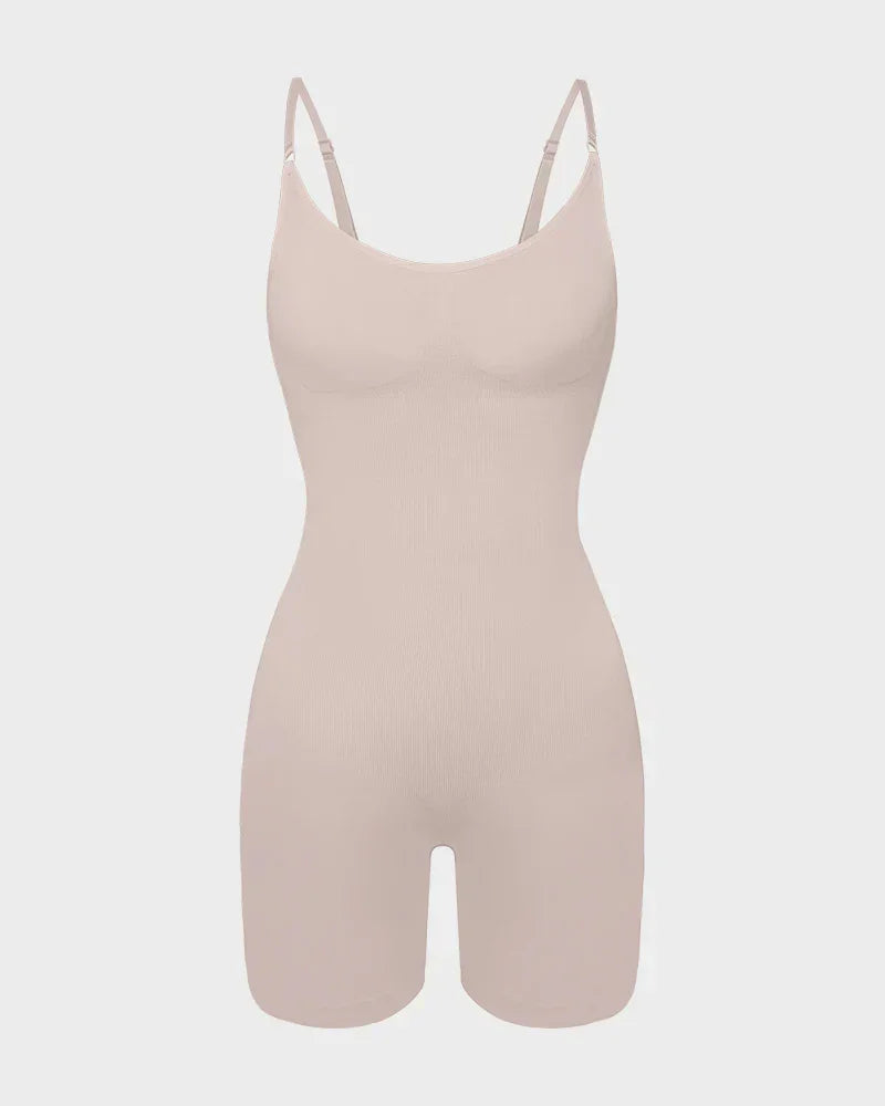 Beige seamless shapewear bodysuit with adjustable straps for body contouring