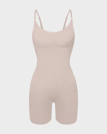 Beige seamless shapewear bodysuit with adjustable straps for body contouring