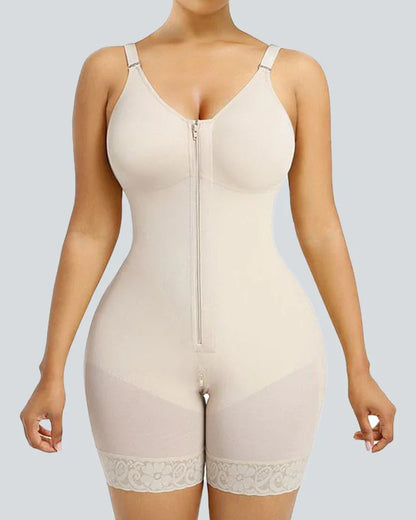 Beige full-body shapewear bodysuit with zipper front and lace trim for curve sculpting